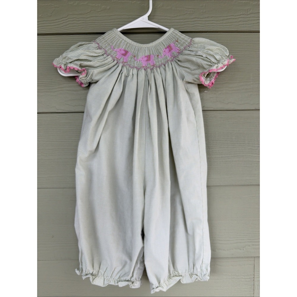 Secret Wishes Green Gingham Smocked Pink Elephant 1pc Outfit Romper Girl 18M